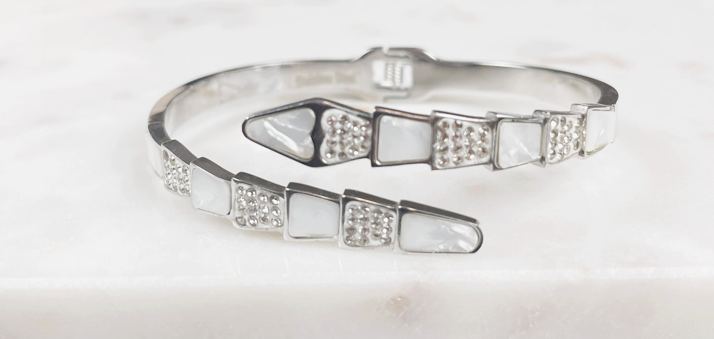 Mother of Pearl & Crystal Inlay Open Bangle – Gold & Silver Tones