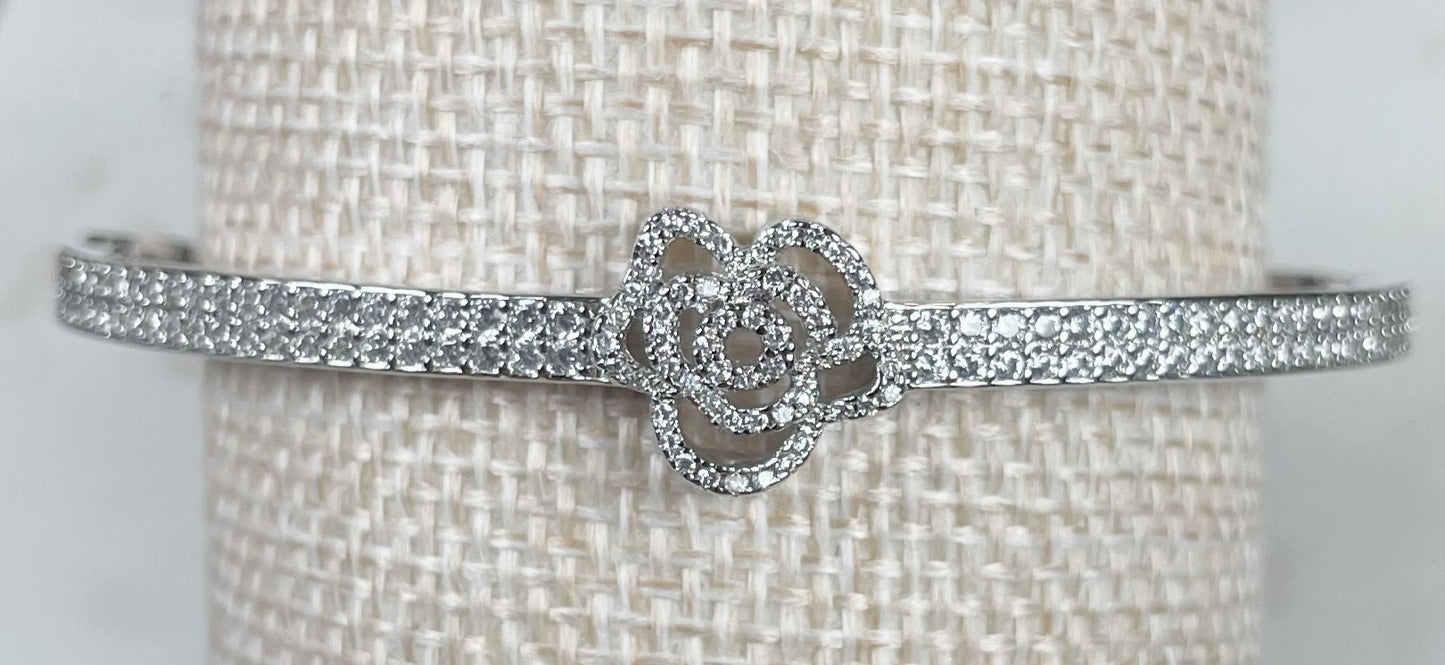 Rose Blossom Pavé Bangle Bracelet – Gold & Silver Tones