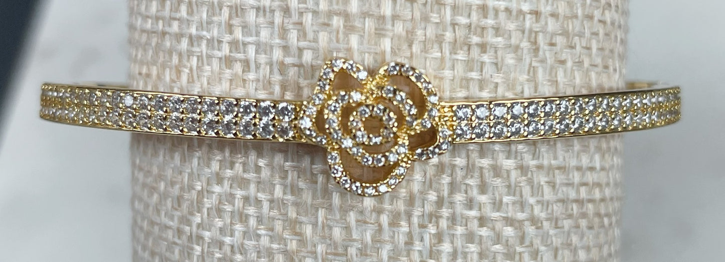 Rose Blossom Pavé Bangle Bracelet – Gold & Silver Tones
