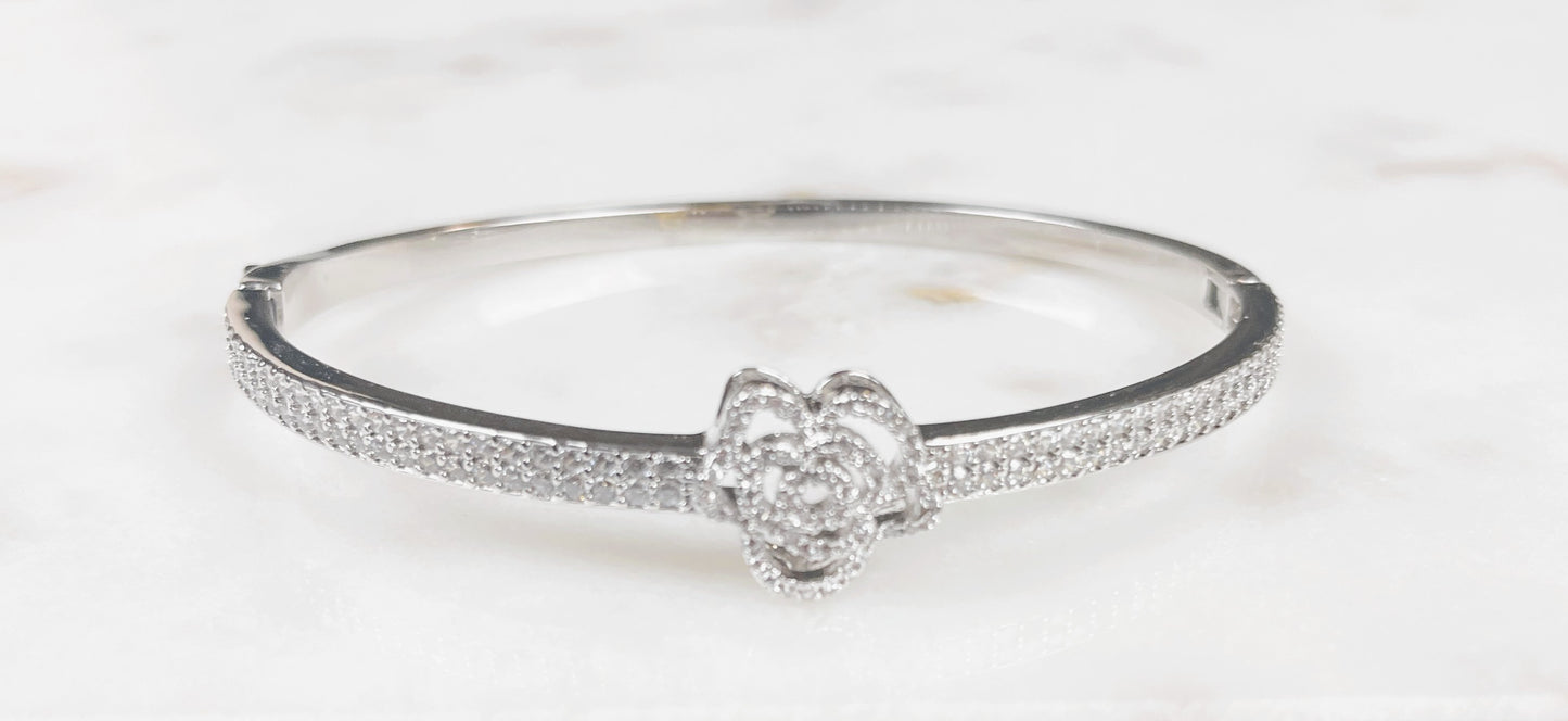 Rose Blossom Pavé Bangle Bracelet – Gold & Silver Tones