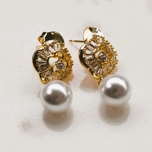 Gold & Pearl Drop Earrings with Crystal Accents