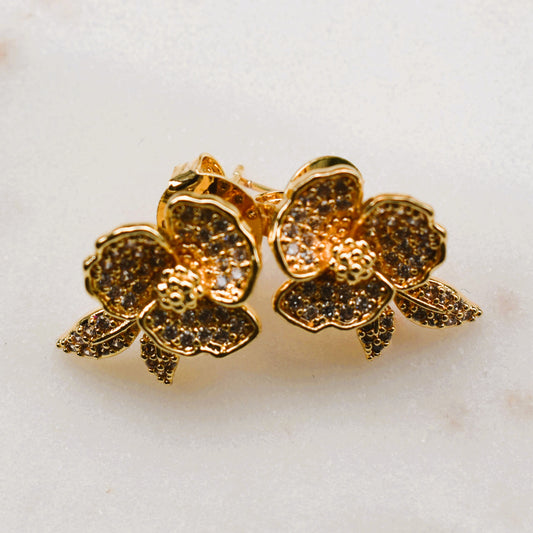 Gold Floral Stud Earrings with Rhinestone Detailing