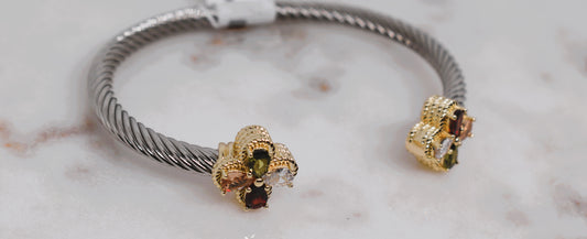Twist Cable Bracelet with Multi-Color Gemstone Floral Ends