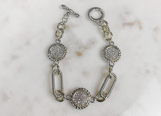 Textured Silver Link & Crystal Medallion Bracelet