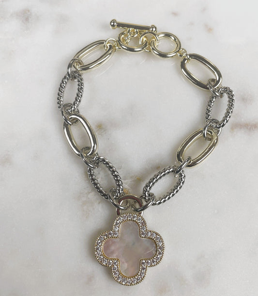Mixed Link Mother-of-Pearl Clover Charm Bracelet