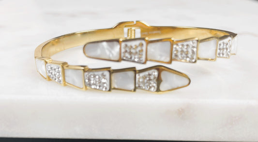 Mother of Pearl & Crystal Inlay Open Bangle – Gold & Silver Tones